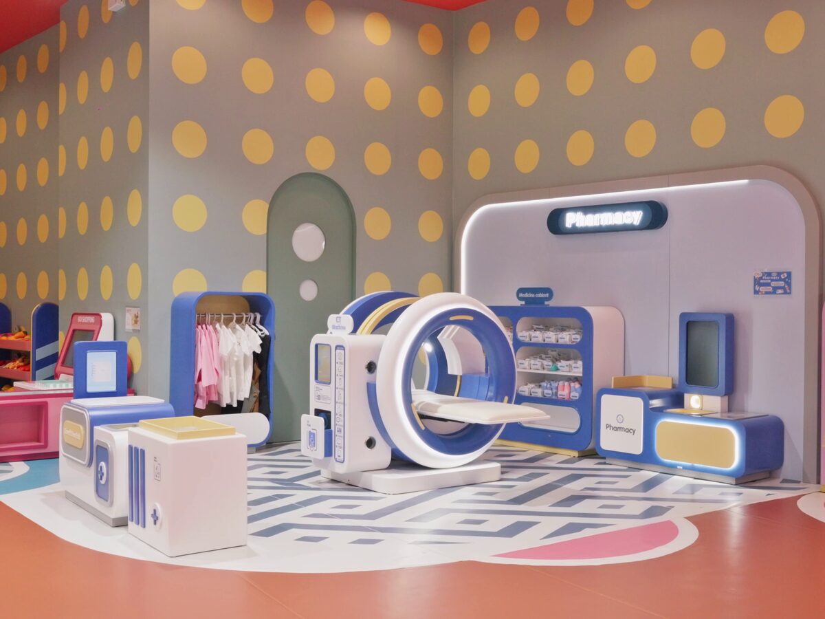 Doctor and pharmacy role-play zone with dress-up rails